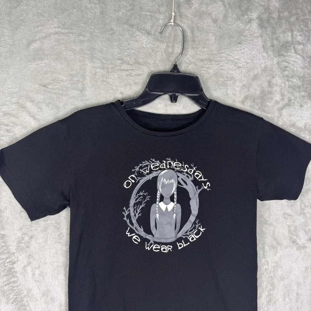 Wednesday Shirt Youth Large Black On Wednesdays We Wear‎ Black Gothic Tee Kids - Picture 3 of 8